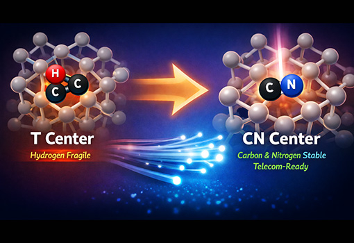 AI-generated image depicting the advantage of the carbon- and nitrogen-stable CN center defect in silicon over the hydrogen fragile T Center.